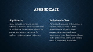 APRENDIZAJE
Significativo
• Es de suma importancia aplicar
diferentes métodos de enseñanza como
la realización del esquema además de
que es una manera excelente de
realizar resúmenes para exámenes
Reflexión de Clase
• Para mi este proceso de localismos y
centralismos así como el de la
federación son súper valiosos
conocemos personajes de gran
importancia como Braulio carrillo que
lucho por nuestra patria y la formo a
como la conocemos hoy en dia
 