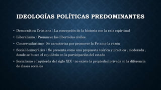 IDEOLOGÍAS POLÍTICAS PREDOMINANTES
• Democrática Cristiana : La concepción de la historia con la raíz espiritual
• Liberalismo : Promueve las libertades civiles
• Conservadurismo : Se caracteriza por promover la Fe ante la razón
• Social democrática : Se presenta como una propuesta teórica y practica , moderada ,
donde se busca el equilibrio en la participación del estado
• Socialismo e Izquierda del siglo XIX : no existe la propiedad privada ni la diferencia
de clases sociales
 