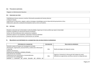 Página 19
8.2. TÍTULO (S) DE CUARTONIVEL
8.3. HABILIDADES QUE POSEE
8.4. ACTITUDES
9. RELACIÓN DE LOS CONTENIDOS DE LA ASIGNATURA CON LOS RESULTADOS DE APRENDIZAJE
CONTENIDOS DE LA ASIGNATURA CONTRIBUCIÓN RESULTADOS DE APRENDIZAJE
Revisión y ajuste al Proyecto de Investigación de Grado.
Recolección, organización, procesamiento y análisis de la información
requerida.
Revisión de literatura.
Redacción de materiales y métodos utilizados.
Alto Diseña estrategias de trabajo de campo.
Discusión de los resultados.
Elaboración de las conclusiones y recomendaciones.
Presentación de la bibliografía.
Revisión y corrección del primer borrador del informe de
Alto
Organiza e interpreta la información del trabajo de campo.
Defiende con argumentos científicos y teorías su trabajo de tesis.
Magister en Administración Educativa
Habilidad para buscar, procesar y analizar información procedente de fuentes diversas.
Trabajo en equipo.
Experiencias en seleccionar, adaptar y aplicar estrategias metodológicas para el desarrollo del pensamiento crítico.
Elaboración, ejecución y evaluación de proyectos macro y micro curriculares.
Respeto y valoración por la diversidad y multiculturalidad, al igual que al marco jurídico que rige la Universidad.
Empatía y equidad en la interacción docente-estudiante.
Actuar con ética profesional como compromiso ciudadano.
Fomentar valores en los estudiantes, valorando el esfuerzo individual.
Expresar opiniones, pensamientos y sentimientos con claridad.
 