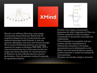 Xmind es un software libre para crear mapas
conceptuales desarrollado por Xmind Ltd. El
programa dispone de una versión gr...