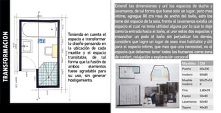 Teniendo en cuenta el
espacio a transformar
lo diseñe pensando en
la ubicación de cada
mueble y el espacio
transitable, de tal
forma que la fusión de
ambos elementos
fuese agradable para
su uso, sin generar
hostigamiento.
Extendí las dimensiones y uní los espacios de ducha y
lavamanos, de tal forma que fuese solo un lugar, pero mas
intimo, agregue 80 cm mas de ancho del baño, esto los
tome del espacio de la sala, frente al lavamanos existía un
espacio el cual no tenia utilidad alguna por lo que lo deje
como la entrada hacia el baño, al unir estos dos espacios y
ensanchar un podo el baño sin perjudicar los demás,
considero que logre un lugar de aseo mas habitable y útil
para el espacio intimo, que mas que una necesidad, es el
espacio que debemos tener todos los humanos como zona
de confort, relajación y exploración corporal.
TRANSFORMACION
Muebles CM
Puerta 60x200
Inodoro 60x80
Mueble
inodoro
60x25x16
0
Tina 1,80x70
Espejo 50x40
Lavamanos 60x40
Tapete 40x20
 