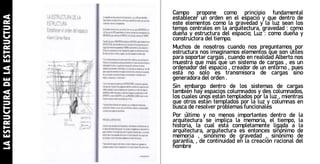 Campo propone como principio fundamental
establecer un orden en el espacio y que dentro de
este elementos como la gravedad y la luz sean los
temas centrales en la arquitectura, gravedad : como
dueña y estructura del espacio; Luz : como dueña y
constructora del tiempo.
Muchos de nosotros cuando nos preguntamos por
estructura nos imaginamos elementos que son útiles
para soportar cargas , cuando en realidad Alberto nos
muestra que más que un sistema de cargas , es un
ordenador del espacio , creador de un entorno , pues
está no solo es transmisora de cargas sino
generadora del orden .
Sin embargo dentro de los sistemas de cargas
también hay espacios columnados y des columnados,
los cuales unos están templados por la luz , mientras
que otros están templados por la luz y columnas en
busca de resolver problemas funcionales
Por último y no menos importantes dentro de la
arquitectura se implica la memoria, el tiempo, la
historia, la cual está completamente ligada a la
arquitectura, arquitectura es entonces sinónimo de
memoria , sinónimo de gravedad , sinónimo de
garantía, , de continuidad en la creación racional del
hombre
LA
ESTRUCTURA
DE
LA
ESTRUCTURA
 