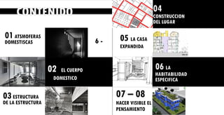 01ATSMOFERAS
DOMESTISCAS
02 EL CUERPO
DOMESTICO
03ESTRUCTURA
DE LA ESTRUCTURA
04
CONSTRUCCION
DEL LUGAR
05 LA CASA
EXPANDIDA
07 – 08
HACER VISIBLE EL
PENSAMIENTO
06 LA
HABITABILIDAD
ESPECIFICA
CONTENIDO
6 -
 