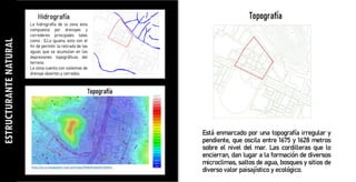 Está enmarcado por una topografía irregular y
pendiente, que oscila entre 1675 y 1628 metros
sobre el nivel del mar. Las cordilleras que lo
encierran, dan lugar a la formación de diversos
microclimas, saltos de agua, bosques y sitios de
diverso valor paisajístico y ecológico.
ESTRUCTURANTE
NATURAL
 