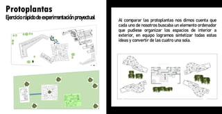 Al comparar las protoplantas nos dimos cuenta que
cada uno de nosotros buscaba un elemento ordenador
que pudiese organizar los espacios de interior a
exterior, en equipo logramos sintetizar todas estas
ideas y convertir de las cuatro una sola.
Protoplantas
Ejercicio rápido de experimentación proyectual
 