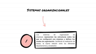 Sistemas organizacionales
Los sistemas de organización de
empresas representan las estructuras sobre las
que se configurará una empresa y definen los
modos de organización, facilitando la realización de
tareas, la buena relación entre los diferentes
departamentos y empleados.
1
 