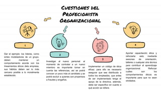 Cuestiones del
Profecionista
Organizacional
Dar el ejemplo: los líderes, como
entes modeladores de un grupo,
deben mantener un
comportamiento acorde con los
lineamientos éticos dela empresa,
sus hábitos deben ser lo más
cercano posible a lo moralmente
establecido.
1
Investigar al nuevo personal: al
momento de contratar a un nuevo
miembro es importante tomar en
cuenta las referencias, así se podrá
conocer un poco más al candidato y se
podrá excluir a quienes son propensos
a fraudes y engaños.
2
Implementar un código de ética
eficaz: para ello es necesario
asegurar que sea distribuido a
todos los empleados, que antes
de ser implementado tenga el
apoyo de la directiva, además,
debe ser específico en cuanto a
qué acción se refiere.
3
Aportar capacitación ética y
reforzarla: esto mediante
sesiones de orientación,
talleres o cualquier otra técnica
para contribuir al aprendizaje
organizacional. Reforzar
cuáles son los
comportamientos éticos es
importante para que no sean
olvidados.
4
 