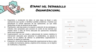 Etapas del Desarrollo
Organizacional
1. Diagnóstico y recolección de datos: en esta etapa se llevan a cabo
operaciones que ayuden a identificar posibles problemas o factores que
perjudiquen la normal ejecución de las operaciones, ya que estas
obstaculizan el plan de alcance de las metas.
2. Planificación: esta fase alude a la creación y selección de las estrategias o
métodos más apropiadas para accionar en contra de las barreras que
impiden llevar a cabo de forma adecuada las operaciones necesarias
dentro de la organización.
3. Implementación: una vez creada y seleccionada de manera metódica la
intervención adecuada para solucionar la problemática, se ejecuta la
misma con el objetivo de eliminar la problemática organizacional o
alcanzar un objetivo en particular.
4. Evaluación: en la última etapa del desarrollo organizacional se lleva a cabo
un análisis de inventarios, planes y objetivos de la empresa, con el objetivo
de modificarlos y mejorarlos.
 