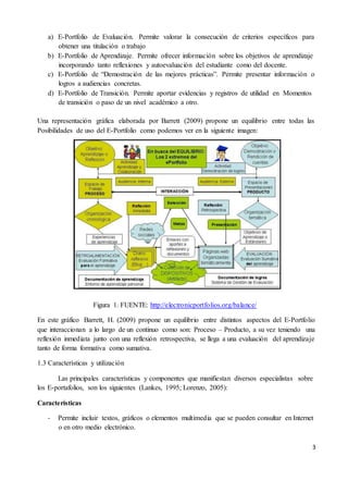 3
a) E-Portfolio de Evaluación. Permite valorar la consecución de criterios específicos para
obtener una titulación o trabajo
b) E-Portfolio de Aprendizaje. Permite ofrecer información sobre los objetivos de aprendizaje
incorporando tanto reflexiones y autoevaluación del estudiante como del docente.
c) E-Portfolio de “Demostración de las mejores prácticas”. Permite presentar información o
logros a audiencias concretas.
d) E-Portfolio de Transición. Permite aportar evidencias y registros de utilidad en Momentos
de transición o paso de un nivel académico a otro.
Una representación gráfica elaborada por Barrett (2009) propone un equilibrio entre todas las
Posibilidades de uso del E-Portfolio como podemos ver en la siguiente imagen:
Figura 1. FUENTE: http://electronicportfolios.org/balance/
En este gráfico Barrett, H. (2009) propone un equilibrio entre distintos aspectos del E-Portfolio
que interaccionan a lo largo de un continuo como son: Proceso – Producto, a su vez teniendo una
reflexión inmediata junto con una reflexión retrospectiva, se llega a una evaluación del aprendizaje
tanto de forma formativa como sumativa.
1.3 Características y utilización
Las principales características y componentes que manifiestan diversos especialistas sobre
los E-portafolios, son los siguientes (Lankes, 1995; Lorenzo, 2005):
Características
- Permite incluir textos, gráficos o elementos multimedia que se pueden consultar en Internet
o en otro medio electrónico.
 