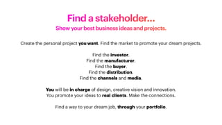Find a stakeholder…
Show your best business ideas and projects.
Create the personal project you want. Find the market to promote your dream projects.
Find the investor.
Find the manufacturer.
Find the buyer.
Find the distribution.
Find the channels and media.
You will be in charge of design, creative vision and innovation.
You promote your ideas to real clients. Make the connections.
Find a way to your dream job, through your portfolio.
 