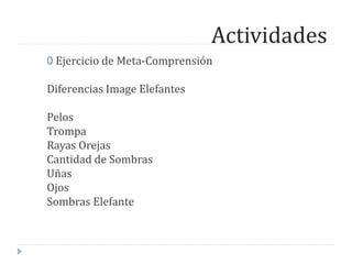 Actividades
0 Ejercicio de Meta-Comprensión
Diferencias Image Elefantes
Pelos
Trompa
Rayas Orejas
Cantidad de Sombras
Uñas
Ojos
Sombras Elefante
 