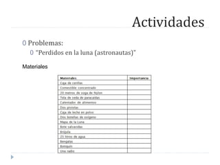 Actividades
0 Problemas:
0 “Perdidos en la luna (astronautas)”
Materiales
 