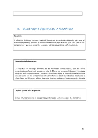 10
III. DESCRIPCIÓN Y OBJETIVOS DE LA ASIGNATURA
Propósito:
El sílabo de Fisiología Humana, pretende brindarlas herramientas necesarias para que el
alumno comprenda y entienda el funcionamiento del cuerpo humano y de cada uno de sus
componentes y que sepa aplicar los conceptos teóricos a su práctica profesional diaria.
Descripción de la Asignatura:
La asignatura de Fisiología Humana, es de naturaleza teórico-práctica, con dos clases
semanales de dos horas cada una, con un total de 4 horas por semana, divididas en 3 teóricas y
1 práctica, está estructurada por 7 unidades curriculares, donde se pretende que el estudiante
conozca cuales son los componentes del cuerpo humano desde su estructura más básica la
célula, hasta los diferentes tejidos, órganos y sistemas, cuáles son los componentes de cada
uno de ellos y cómo funcionan, y como todos actúan de manera coordinada para mantener la
homeostasis y el correcto funcionamiento del cuerpo humano.
Objetivo general de la Asignatura:
Evaluar el funcionamiento de los aparatos y sistemas del ser humano para dar atención de
enfermería de calidad.
 