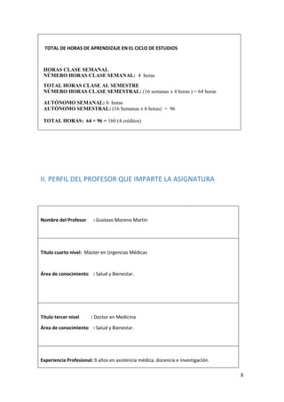 8
TOTAL DE HORAS DE APRENDIZAJE EN EL CICLO DE ESTUDIOS
HORAS CLASE SEMANAL
NÚMERO HORAS CLASE SEMANAL: 4 horas
TOTAL HORAS CLASE AL SEMESTRE
NÚMERO HORAS CLASE SEMESTRAL: (16 semanas x 4 horas ) = 64 horas
AUTÓNOMO SEMANAL: 6 horas
AUTÓNOMO SEMESTRAL: (16 Semanas x 6 horas) = 96
TOTAL HORAS: 64 + 96 = 160 (4 créditos)
II. PERFIL DEL PROFESOR QUE IMPARTE LA ASIGNATURA
Nombre del Profesor : Gustavo Moreno Martín
Título cuarto nivel: Máster en Urgencias Médicas
Área de conocimiento : Salud y Bienestar.
Título tercer nivel : Doctor en Medicina
Área de conocimiento : Salud y Bienestar.
Experiencia Profesional: 9 años en asistencia médica, docencia e investigación.
 