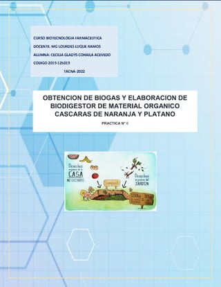 OBTENCION DE BIOGAS Y ELABORACION DE
BIODIGESTOR DE MATERIAL ORGANICO
CASCARAS DE NARANJA Y PLATANO
PRACTICA N° 6
 