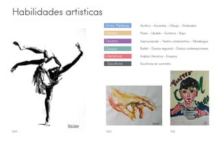 Artes Plásticas 
Música 
Teratro 
Danza 
Literatura 
Escultura 
Rhino 
Keyshot 
Habilidades artisticas 
Acrílico – Acuarela – Dibujo - Grabados. 
Piano - Ukulele - Guitarra - Bajo. 
Improvisación – Teatro colaborativo – Monólogos. 
Ballet - Danza regional - Danza contemporanea. 
Análisis literarios - Ensayos. 
Esculturas en concreto. 
2014 2013 2011 
