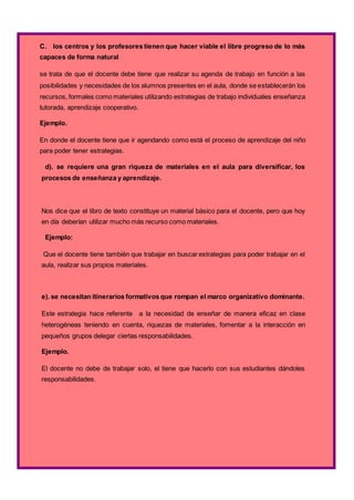 C. los centros y los profesores tienen que hacer viable el libre progreso de lo más
capaces de forma natural
se trata de que el docente debe tiene que realizar su agenda de trabajo en función a las
posibilidades y necesidades de los alumnos presentes en el aula, donde se establecerán los
recursos, formales como materiales utilizando estrategias de trabajo individuales enseñanza
tutorada, aprendizaje cooperativo.
Ejemplo.
En donde el docente tiene que ir agendando como está el proceso de aprendizaje del niño
para poder tener estrategias.
d). se requiere una gran riqueza de materiales en el aula para diversificar, los
procesos de enseñanza y aprendizaje.
Nos dice que el libro de texto constituye un material básico para el docente, pero que hoy
en día deberían utilizar mucho más recurso como materiales.
Ejemplo:
Que el docente tiene también que trabajar en buscar estrategias para poder trabajar en el
aula, realizar sus propios materiales.
e). se necesitan itinerarios formativos que rompan el marco organizativo dominante.
Este estrategia hace referente a la necesidad de enseñar de manera eficaz en clase
heterogéneas teniendo en cuenta, riquezas de materiales, fomentar a la interacción en
pequeños grupos delegar ciertas responsabilidades.
Ejemplo.
El docente no debe de trabajar solo, el tiene que hacerlo con sus estudiantes dándoles
responsabilidades.
 