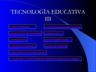TECNOLOGÍA EDUCATIVA III EL DECLIVE DE LA ECONOMÍA EL MUNDO ACTUAL   EL CALENTAMIENTO GLOBAL LAS EXIGENCIAS DE NUESTRO TIEMPO LAS NUEVAS TENDENCIAS EDUCACIONALES   LA EDUCACIÓN DIGITAL   NUESTRA TAREA DOCENTE LA EDUCACIÓN EN LA GUATEMALA DE HOY LA TECNOLOGÍA Y LA EDUCACIÓN DESDE LA PERSPECTIVA DE LA IGLESIA CATÓLICA LA GLOBALIZACIÓN   