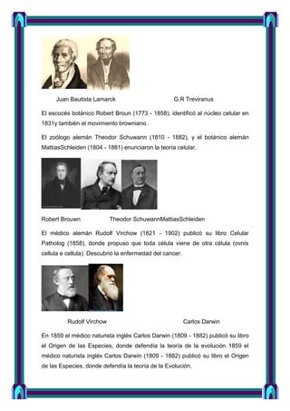 Juan Bautista Lamarck G.R Treviranus
El escocés botánico Robert Broun (1773 - 1858), identificó al núcleo celular en
1831y también el movimiento browniano.
El zoólogo alemán Theodor Schuwann (1810 - 1882), y el botánico alemán
MattiasSchleiden (1804 - 1881) enunciaron la teoría celular.
Robert Brouwn Theodor SchuwannMattiasSchleiden
El médico alemán Rudolf Virchow (1821 - 1902) publicó su libro Celular
Patholog (1858), donde propuso que toda célula viene de otra célula (ovnis
cellula e cellula). Descubrió la enfermedad del cancer.
Rudolf Virchow Carlos Darwin
En 1859 el médico naturista inglés Carlos Darwin (1809 - 1882) publicó su libro
el Origen de las Especies, donde defendía la teoría de la evolución 1859 el
médico naturista inglés Carlos Darwin (1809 - 1882) publicó su libro el Origen
de las Especies, donde defendía la teoría de la Evolución.
 