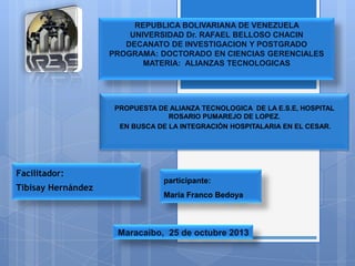 REPUBLICA BOLIVARIANA DE VENEZUELA
UNIVERSIDAD Dr. RAFAEL BELLOSO CHACIN
DECANATO DE INVESTIGACION Y POSTGRADO
Participante:
PROGRAMA: DOCTORADO EN CIENCIAS GERENCIALES
MATERIA: ALIANZAS TECNOLOGICAS

PROPUESTA DE ALIANZA TECNOLOGICA DE LA E.S.E, HOSPITAL
ROSARIO PUMAREJO DE LOPEZ.
EN BUSCA DE LA INTEGRACIÓN HOSPITALARIA EN EL CESAR.

Facilitador:
Tibisay Hernández

participante:
María Franco Bedoya

Maracaibo, 25 de octubre 2013

 