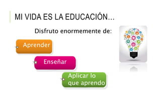 MI VIDA ES LA EDUCACIÓN… 
Disfruto enormemente de: 
Aprender 
Enseñar 
Aplicar lo 
que aprendo 
 