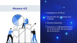 Inteligencia Artifical
Desarrollo de software a la
medida
Diseño Industrial
Asesoría y acompañamiento
en el desarrollo de proyectos
de innovación .
Alcance 4.0
 