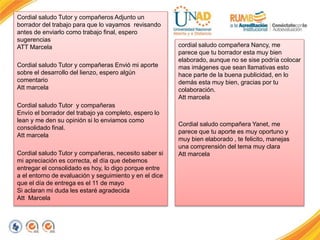 Cordial saludo Tutor y compañeros Adjunto un
borrador del trabajo para que lo vayamos revisando
antes de enviarlo como trabajo final, espero
sugerencias
ATT Marcela
Cordial saludo Tutor y compañeras Envió mi aporte
sobre el desarrollo del lienzo, espero algún
comentario
Att marcela
Cordial saludo Tutor y compañeras
Envío el borrador del trabajo ya completo, espero lo
lean y me den su opinión si lo enviamos como
consolidado final.
Att marcela
Cordial saludo Tutor y compañeras, necesito saber si
mi apreciación es correcta, el día que debemos
entregar el consolidado es hoy, lo digo porque entre
a el entorno de evaluación y seguimiento y en el dice
que el día de entrega es el 11 de mayo
Si aclaran mi duda les estaré agradecida
Att Marcela
cordial saludo compañera Nancy, me
parece que tu borrador esta muy bien
elaborado, aunque no se sise podría colocar
mas imágenes que sean llamativas esto
hace parte de la buena publicidad, en lo
demás esta muy bien, gracias por tu
colaboración.
Att marcela
Cordial saludo compañera Yanet, me
parece que tu aporte es muy oportuno y
muy bien elaborado , te felicito, manejas
una comprensión del tema muy clara
Att marcela
 
