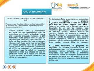FORO DE SEGUIMIENTO
DEBATE SOBRE CONTENIDO TEORICO UNIDAD
UNO
Para comenzar el debate debimos analizar los capítulos
de la unidad uno y responder las siguientes preguntas
directamente en el foro
• Cordial saludo Tutor y compañeros
En vista de las necesidades que he
encontrado en mi región teniendo en cuenta
una pequeña encuesta realizada a 200
habitantes pude concluir que: la idea de
negocio mas rentable y apropiada es : el
tema de las comidas de calle o comidas
rápidas, mal vistas pero muy consumidas.
De hecho Sandoná que es el municipio
donde resido, esta plagado de comidas con
el 100% de colesterol y definitivamente
perjudiciales para la salud, yo propongo
implantar un local que ofrezca no solo los
productos típicos de la región sino también
comida nutritiva y al alcance de la mano, sin
olvidar un buen sabor.
•
Cordial saludo Tutor y companeros, en cuanto a
la siguinte pregunta
2. ¿Cómo estructuraría la idea de negocio
para que se pueda realizar con éxito?
Teniendo en cuenta que el formato usual en el
desarrollo de un plan de negocio, esta
conformado por Resumen del negocio, Estudio
de mercado, Esudio tecnico, Estudio de
inversion, Estudio de ingresos y egresos y
Estudio financiero, el acesoramiento en este
tema no brinda la capacidad para estudiar
nuestra competencia, analizar y pronosticar la
demanda, un sin numero de posibilidades para
llevar acabo nuestra idea de negocio.
3. ¿Cómo financiaría el proyecto de
negocio?, En primera instancia utilizar los
recursos personales con los que cuento, buscar
fianciacion como proyecto en eniades
apropiadas para este hecho y finalmente
apoyaria mis bases en un creito financiero que
me permita arrancar con el negocio y de las
ganancias del mismo, empezar a pagar la deuda
Att Marcela
 