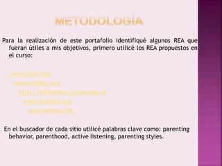 Para la realización de este portafolio identifiqué algunos REA que 
fueran útiles a mis objetivos, primero utilicé los REA propuestos en 
el curso: 
www.doaj.org 
www.redalyc.org 
http://biblioteca.clacso.edu.ar 
www.latindex.org 
www.temoa.info 
En el buscador de cada sitio utilicé palabras clave como: parenting 
behavior, parenthood, active listening, parenting styles. 
 
