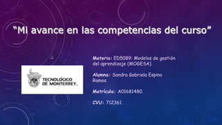 Materia: ED5089: Modelos de gestión
del aprendizaje (MOGESA).
Alumna: Sandra Gabriela Espino
Ramos.
Matrícula: A01681480.
CVU: 712361.
 