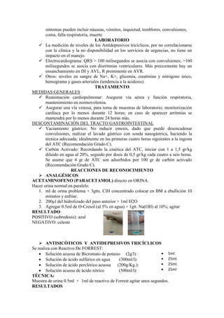 síntomas pueden incluir náuseas, vómitos, inquietud, temblores, convulsiones,
coma, falla respiratoria, muerte
LABORATORIO
 La medición de niveles de los Antidepresivos tricíclicos, por no correlacionarse
con la clínica y la no disponibilidad en los servicios de urgencias, no tiene un
impacto en el manejo.
 Electrocardiograma: QRS > 100 milisegundos se asocia con convulsiones; >160
milisegundos se asocia con disrritmias ventriculares. Más precozmente hay un
ensanchamiento en DI y AVL, R prominente en AVR.
 Otros: niveles en sangre de Na+, K+, glicemia, creatinina y nitrógeno úrico,
hemograma y gases arteriales (tendencia a la acidosis).
TRATAMIENTO
MEDIDAS GENERALES
 Reanimación cardiopulmonar: Asegurar vía aérea y función respiratoria,
mantenimiento en normovolemia.
 Asegurar una vía venosa, para toma de muestras de laboratorio; monitorización
cardíaca por lo menos durante 12 horas; en caso de aparecer arritmias se
mantendrá por lo menos durante 24 horas más.
DESCONTAMINACIÓN DEL TRACTO GASTROINTESTINAL
 Vaciamiento gástrico: No inducir emesis, dado que puede desencadenar
convulsiones, realizar el lavado gástrico con sonda nasogástrica, haciendo la
técnica adecuada; idealmente en las primeras cuatro horas siguientes a la ingesta
del ATC (Recomendación Grado C).
 Carbón Activado: Recordando la cinética del ATC, iniciar con 1 a 1,5 gr/kg
diluido en agua al 20%, seguido por dosis de 0,5 gr/kg cada cuatro a seis horas.
Se asume que 4 gr de ATC son adsorbidos por 100 gr de carbón activado
(Recomendación Grado C).
REACCIONES DE RECONOCIMIENTO
 ANALGÉSICOS
ACETAMINOFENO (PARACETAMOL) directo en ORINA.
Hacer orina normal en paralelo.
1. ml de orina problema + 3gtts. ClH concentrado colocar en BM a ebullición 10
minutos y enfriar.
2. 200µl del hidrolizado del paso anterior + 1ml H2O
3. Agregar 0.5ml de O-Cresol (al 5% en agua) + 1gtt. Na(OH) al 10%; agitar
RESULTADO:
POSITIVO (sobredosis): azul
NEGATIVO: celeste
 ANTISICÓTICOS Y ANTIDEPRESIVOS TRICÍCLICOS
Se realiza con Reactivo De FORREST:
 Solución acuosa de Bicromato de potasio (2g/l):
 Solución de ácido sulfúrico en agua (300ml/l):
 Solución de ácido perclórico acuosa (200g/Kg.):
 Solución acuosa de ácido nítrico (500ml/l):
TÉCNICA:
Muestra de orina 0.5ml + 1ml de reactivo de Forrest agitar unos segundos.
RESULTADOS
 5ml.
 25ml.
 25ml.
 25ml
 