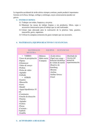 La ingestión accidental de ácido nítrico siempre contiene, puede producir importantes
lesiones en la boca, faringe, esófago y estómago, cuyas consecuencias pueden ser
graves.
3. INSTRUCCIONES:
3.1 Trabajar con orden, limpieza y sin prisa.
3.2 Mantener las mesas de trabajo limpias y sin productos, libros, cajas o
accesorios innecesarios para el trabajo que se esté realizando.
3.3 Llenar ropa adecuada para la realización de la práctica: bata, guantes,
mascarilla, gorro, zapatones.
3.4 Utilizar la campana extractora de gases siempre que sea necesario.
4. MATERIALES, EQUIPOS REACTIVOS Y SUSTANCIAS:
MATERIALES EQUIPOS SUSTANCIAS
MUESTRA
• VIDRIO:
-Vasos de precipitación
-Pipetas
-Erlenmeyer
-Tubos de ensayo
-Probeta
-Perlas de vidrio
-Agitador
-Embudo
• OTROS
-Guantes
-Mascarilla
-Gorro
-Mandil
-Aguja hipodérmica 10
mL
-Cronómetro
-Estuche de disección
-Panema
-Agitador
-Fosforo
-Pinzas
-Cocineta -
Espátula
-Gradilla
-Balanza
-Baño maría
-Campana
-Ácido nítrico
-Papel rojo congo -
Solución alcohólica
de violeta de metilo
-Reactivo de
Gunzburg
-Brusina
-Anilina
-Sulfato ferroso
-Fenol
-Destilado de
vísceras del
animal de
experimentación.
5. ACTIVIDADES A REALIZAR:
 