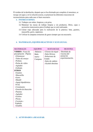 El residuo de la destilación, después que se ha eliminado por completo el amoniaco, se
recoge con agua y en la solución acuosa, se practican las diferentes reacciones de
reconocimiento para cada caso si fuere necesario.
3. INSTRUCCIONES:
3.1 Trabajar con orden, limpieza y sin prisa.
3.2 Mantener las mesas de trabajo limpias y sin productos, libros, cajas o
accesorios innecesarios para el trabajo que se esté realizando.
3.3 Llenar ropa adecuada para la realización de la práctica: bata, guantes,
mascarilla, gorro, zapatones.
3.4 Utilizar la campana extractora de gases siempre que sea necesario.
4. MATERIALES, EQUIPOS REACTIVOS Y SUSTANCIAS:
MATERIALES EQUIPOS SUSTANCIAS MUESTRA
VIDRIO: -Vasos de
precipitación -Pipetas
-Erlenmeyer
-Tubos de ensayo
-Probeta
-Perlas de vidrio
-Agitador
-Embudo
OTROS
-Guantes
-Mascarilla
-Gorro
-Mandil
-Aguja hipodérmica
10 mL
-Cronómetro
-Estuche de disección
-Panema
-Agitador
-Fosforo
-Pinzas
-Cocineta -
Espátula
-Gradilla
-Balanza -
Baño
maría -
Campana
-Cloruro de níquel
-Sales férricas
-Soluciones de
Estaño
-Sales de cadmio
-Alcohol absoluto
-Destilado de
vísceras del
animal de
experimentación.
5. ACTIVIDADES A REALIZAR:
 