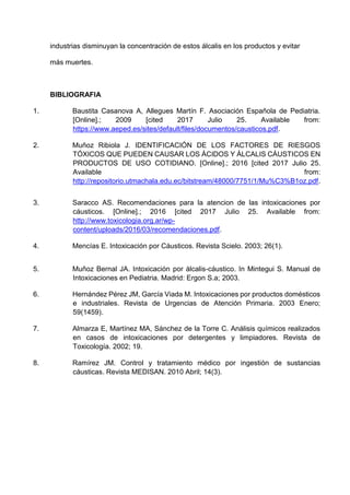 industrias disminuyan la concentración de estos álcalis en los productos y evitar
más muertes.
BIBLIOGRAFIA
1. Baustita Casanova A, Allegues Martín F. Asociación Española de Pediatria.
[Online].; 2009 [cited 2017 Julio 25. Available from:
https://www.aeped.es/sites/default/files/documentos/causticos.pdf.
2. Muñoz Ribiola J. IDENTIFICACIÓN DE LOS FACTORES DE RIESGOS
TÓXICOS QUE PUEDEN CAUSAR LOS ÁCIDOS Y ÁLCALIS CÁUSTICOS EN
PRODUCTOS DE USO COTIDIANO. [Online].; 2016 [cited 2017 Julio 25.
Available from:
http://repositorio.utmachala.edu.ec/bitstream/48000/7751/1/Mu%C3%B1oz.pdf.
3. Saracco AS. Recomendaciones para la atencion de las intoxicaciones por
cáusticos. [Online].; 2016 [cited 2017 Julio 25. Available from:
http://www.toxicologia.org.ar/wp-
content/uploads/2016/03/recomendaciones.pdf.
4. Mencías E. Intoxicación por Cáusticos. Revista Scielo. 2003; 26(1).
5. Muñoz Bernal JA. Intoxicación por álcalis-cáustico. In Mintegui S. Manual de
Intoxicaciones en Pediatria. Madrid: Ergon S.a; 2003.
6. Hernández Pérez JM, García Viada M. Intoxicaciones por productos domésticos
e industriales. Revista de Urgencias de Atención Primaria. 2003 Enero;
59(1459).
7. Almarza E, Martínez MA, Sánchez de la Torre C. Análisis químicos realizados
en casos de intoxicaciones por detergentes y limpiadores. Revista de
Toxicología. 2002; 19.
8. Ramírez JM. Control y tratamiento médico por ingestión de sustancias
cáusticas. Revista MEDISAN. 2010 Abril; 14(3).
 