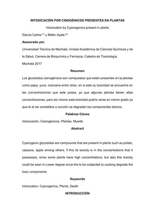 INTOXICACIÓN POR CINOGÉNICOS PRESENTES EN PLANTAS
Intoxication by Cyanogenics present in plants
García Carlos (1) y Belén Ayala (2)
Asesorado por.
Universidad Técnica de Machala: Unidad Académica de Ciencias Químicas y de
la Salud, Carrera de Bioquímica y Farmacia, Catedra de Toxicología.
Machala 2017
Resumen
Los glucósidos cianogénicos son compuestos que están presentes en la plantas
como papa, yuca, manzana entre otras, en si este su toxicidad se encuentra en
las concentraciones que este posea, ya que algunas plantas tienen altas
concentraciones, pero así mismo esta toxicidad podría verse en menor grado ya
que la al ser sometidos a cocción se degradan los componentes tóxicos.
Palabras Claves
Intoxicación, Cianogénicos, Plantas, Muerte
Abstract
Cyanogenic glycosides are compounds that are present in plants such as potato,
cassava, apple among others, if this its toxicity is in the concentrations that it
possesses, since some plants have high concentrations, but also this toxicity
could be seen in Lower degree since the to be subjected to cooking degrade the
toxic components.
Keywords
Intoxication, Cyanogenics, Plants, Death
INTRODUCCIÓN
 