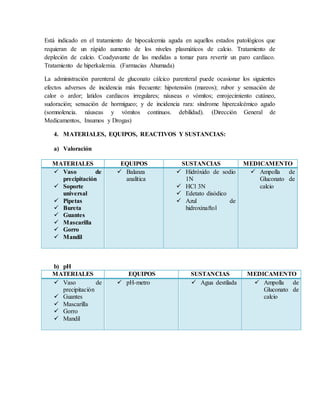 Está indicado en el tratamiento de hipocalcemia aguda en aquellos estados patológicos que
requieran de un rápido aumento de los niveles plasmáticos de calcio. Tratamiento de
depleción de calcio. Coadyuvante de las medidas a tomar para revertir un paro cardíaco.
Tratamiento de hiperkalemia. (Farmacias Ahumada)
La administración parenteral de gluconato cálcico parenteral puede ocasionar los siguientes
efectos adversos de incidencia más frecuente: hipotensión (mareos); rubor y sensación de
calor o ardor; latidos cardiacos irregulares; náuseas o vómitos; enrojecimiento cutáneo,
sudoración; sensación de hormigueo; y de incidencia rara: síndrome hipercalcémico agudo
(somnolencia. náuseas y vómitos continuos. debilidad). (Dirección General de
Medicamentos, Insumos y Drogas)
4. MATERIALES, EQUIPOS, REACTIVOS Y SUSTANCIAS:
a) Valoración
MATERIALES EQUIPOS SUSTANCIAS MEDICAMENTO
 Vaso de
precipitación
 Soporte
universal
 Pipetas
 Bureta
 Guantes
 Mascarilla
 Gorro
 Mandil
 Balanza
analítica
 Hidróxido de sodio
1N
 HCl 3N
 Edetato disódico
 Azul de
hidroxinaftol
 Ampolla de
Gluconato de
calcio
b) pH
MATERIALES EQUIPOS SUSTANCIAS MEDICAMENTO
 Vaso de
precipitación
 Guantes
 Mascarilla
 Gorro
 Mandil
 pH-metro  Agua destilada  Ampolla de
Gluconato de
calcio
 