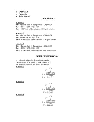 8. CÁLCULOS
a) Valoración
b) Refractometría
GRADOS BRIX
Muestra 1
Brix = Lectura Brix + (Temperatura - 20) x 0.03
Brix = 10.66 + (20 - 20) x 0.03
Brix= 0.31 % de sólidos disueltos /100 g de solución
Muestra 2
Brix = Lectura Brix + (Temperatura - 20) x 0.03
Brix = 11.04 + (20 - 20) x 0.03
Brix= 0.3312 % de sólidos disueltos /100 g de solución
Muestra 3
Brix = Lectura Brix + (Temperatura - 20) x 0.03
Brix = 10.82 + (20 - 20) x 0.03
Brix= 0.3246 % de sólidos disueltos /100 g de solución
ÍNDICE DE REFRACCIÓN
N= índice de refracción del medio en cuestión
C0= velocidad de la luz en el vacío (3x108 m/s)
V= velocidad de la luz del medio en cuestión
Muestra 1
𝑁 =
𝐶𝑜
𝑉
𝑁 =
3x108
m/s
1.3488
𝑁 = 2.22x108
Muestra 2
𝑁 =
𝐶𝑜
𝑉
𝑁 =
3x108
m/s
1.3494
𝑁 = 2.22x108
Muestra 3
𝑁 =
𝐶𝑜
𝑉
𝑁 =
3x108
m/s
1.3491
𝑁 = 2.22x108
 