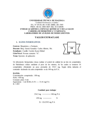 UNIVERSIDAD TÉCNICA DE MACHALA
“Calidad Pertinencia y Calidez”
D.L. N° 69-04, DE 14 DE ABRIL DE 1969
PROV. DE EL ORO-REP. DEL ECUADOR
UNIDAD ACADÉMICA CIENCIAS QUÍMICAS Y DE LA SALUD
CARRERA DE BIOQUÍMICA Y FARMACIA
LABORATORIO DE ANÁLISIS DE MEDICAMENTOS
TALLER EXTRACLASE
1. DATOS INFORMATIVOS
Carrera: Bioquímica y Farmacia
Docente: Bioq. García González Carlos Alberto, Ms.
Estudiante: Castillo Carrión Karen Mishel
Ciclo/Nivel: Noveno semestre “A”.
Tema: Ejercicio de aplicación
Un laboratorio farmacéutico desea realizar el control de calidad de un lote de comprimidos
de Diclofenaco sódico mediante el peso de los mismos, de los cuales se tomaron 10
comprimidos obteniendo un peso promedio de 354.5 mg. Según dicha industria el
contenido declarado de cada comprimido es de 100 mg de P.A.
DATOS:
Concentración comprimido: 100 mg
Polvo: 450 mg
Consumo práct: 4 ml
Equivalente: 1 ml HClO4 0.1N ---- 31.81 mg P.A
K: 1.003
Cantidad para trabajar
354.5 mg 100 mg P.A
450 mg X
X= 126.9393 mg P.A
10
 