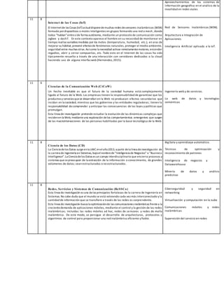 Aprovechamientos de los sistemas de
información geográfica en el análisis de la
movilidad en redes viales
11 8
Internet de las Cosas (IoT)
El Internetde las Cosas (IoT) actualdisponedemuchas redes desensores inalámbricos (WSN)
formada pordispositivos o motes inteligentes en grupos formando una red o mesh, donde
todos “hablan”entresíde forma autónoma, mediante un protocolo de comunicación como
zigbee y dash7. En este contexto aparece el hombre en su necesidad de monitorear en
tiempo reallas variables medidas por los motes (temperatura, humedad, etc.), en aras de
mejorar su hábitat, prevenir efectos de fenómenos naturales, proteger el medio ambiente,
seguridad entre muchas otras. Asícomo la necesidad activar remotamentemotores, encender
regadíos, abrir y cerrar compuertas, etc. Todo esto en el Internet de las cosas ha sido
típicamente resuelto a través de una interacción con servidores dedicados o la cloud
haciendo uso de alguna interfaz web (Hernández, 2015).
Red de Sensores Inalámbricos (WSN).
Arquitectura e Integración de
Aplicaciones
Inteligencia Artificial aplicada a la IoT.
11 6
Ciencias de la Comunicación Web (CiCoW)
Un hecho inevitable es que el futuro de la sociedad humana está complejamente
ligado al futuro de la Web. Las empresas tienen la responsabilidad de garantizar que los
productos y servicios quese desarrollan en la Web no produzcan efectos secundarios que
incidan en la sociedad, mientras que los gobiernos y las entidades reguladoras; tienen la
responsabilidad decomprender y anticipar las consecuencias de las leyes y políticas que
promulgan.
Esta línea de investigación pretende estudiar la evolución de las dinámicas complejas que
residenen la Web, medianteuna exploración delos comportamientos emergentes que surgen
de las macrointeracciones de las personas habilitadas por la base tecnológica de la Web.
Ingeniería web y de servicios.
La web de datos y tecnologías
semánticas
11 8
Ciencia de los Datos (CD)
La Ciencia delos Datos surgeenla UAIC enelaño2013, a partir dela línea deinvestigación de
la carrera de Ingeniería en Sistemas, bajoelnombrede“Inteligencia de Negocios” o “Business
Intelligence”.La Ciencia delos Datos es un campo interdisciplinario que encierra procesos y
sistemas quesepreocupan de la extracción de la información o conocimiento, de grandes
volúmenes de datos; sean estructurados o no estructurados.
Big Data y aprendizaje automático.
Técnicas de optimización y
reconocimiento de patrones
Inteligencia de negocios y
Datawarehouse
Minería de datos y análisis
predictivo
11 8
Redes, Servicios y Sistemas de Comunicación (ReSSCo)
Esta línea de investigación es una delas principales fortalezas de la carrera de Ingeniería en
Sistemas. No cabe duda que el mundo se está volviendo cada vez más interconectado y la
cantidad de información que se transfiere a través de las redes es sorprendente.
Esta línea de investigación busca la optimizaciónde las comunicaciones inalámbricas frentea la
crecientedemanda de aplicaciones móviles, mediante el control y la gestión de las redes
inalámbricas; incluidas las redes móviles ad hoc, redes de sensores y redes de malla
inalámbrica. De este modo, se persigue el desarrollo de arquitecturas, protocolos y
algoritmos de control para proporcionar una red inalámbrica eficiente y fiable.
Ciberseguridad y seguridad en
networking
Virtualización y computación en la nube
Comunicaciones móviles y redes
inalámbricas
Supervisión del servicio en redes
 