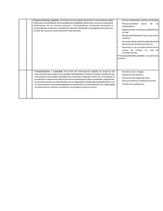 Normas, Procesoy justicia: esta linea tieneporobjeto desarrollarel conocimientojurídico
mediantela confrontación delos problemas emergentes delderecho versus los conceptos
tradicionales de las ciencias jurísicas , transitando por elcontexto normativo, la
jurispriudencia, la doctrina y estudios de derecho comparado,en perspectiva de promover
el valor de la justicia como máximo fin del derecho
- Delitos ambientales y delitos económicos.
- Responsabilidad penal de los
empleadores.
- Regulaciónde la violencia intrafamiliaren
el coip
- Responsabilidad penal de las personas
jurídicas.
- Garantías delos derechos laborales delas
personas de atención prioritaria.
- Garantías a los acuerdos dentro de los
juicios de trabajo en caso de
incumplimiento.
Principios procesales aplicados a las personas
jurídicas.
Comunicación y sociedad: Esta línea de investigación engloba los procesos de
comunicaciónquesedan en la sociedad contemporánea.Incluye el estudio y análisis de los
mensajes en sus contextos deproducción, consumo y recepción. Asimismo, se propone el
estudiode la construcción deldiscurso dela comunicación sobrela mediación sociocultural,
la exclusiónsocialy sus vinculaciones conla cooperación al desarrollo,poniendoénfasis en
la comunicacióncomo sistema globalde conocimientoy su tratamientoen los medios desde
las dimensiones; política, económica, tecnológica cultural y social.
- Semiótica de la imagen.
- Comunicación política.
- Comunicación organizacional.
- Discurso político y mediación social.
- Producción audiovisual.
 