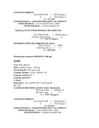 CONSUMO TEÓRICO
1𝑚𝐿. 𝑁𝑎𝑂𝐻 0.1𝑀 → 20.628 mg 𝑝. 𝑎
𝑋 → 354.26𝑚𝑔 𝑝. 𝑎
𝑿 = 𝟏𝟕. 𝟏𝒎𝑳
CONSUMO REAL = CONSUMO PRACTICO x K NaOH 0.1N
CONSUMO REAL = 17.6 ml NaOH 0.1M x 1.0003
CONSUMO REAL = 17.60 ml NaOH 0.1M
Mg DE p.a EN EL CONSUMO REAL DE NaOH O.1M
1𝑚𝐿. 𝑁𝑎𝑂𝐻 0.1𝑀 → 20.628 mg 𝑝. 𝑎
17.60 𝑚𝐿. 𝑁𝑎𝑂𝐻 0.1𝑀 → 𝑋
𝑿 = 𝟑𝟔𝟑. 𝟎𝟓 𝒎𝒈 𝒑. 𝒂
DETERMINACIÓN DEL PORCENTAJE REAL
354.26 𝑚𝑔 𝑝. 𝑎 → 100%
363.05 𝑚𝑔 𝑑𝑒 𝑝. 𝑎 → 𝑋
𝑿 = 𝟏𝟎𝟐. 𝟒𝟖%
Medicamento comercial (PROFINAL 800 mg)
DATOS
Conc. P.A.: 800 mg
Polvo: 0.4050 g Comp. = 405 mg
Peso Promedio: 970.9 mg Comp.
Consumo Practico: 18 mL. NaOH 0.1 M
Consumo Teórico CT: ?
Consumo Real CR: ?
% Real: ?
Equivalente: 1mL. NaOH 0.1M - 20.628 mg P.A.
K: 1.003
CANTIDAD PRINCIPIO ACTIVO PARA TRABAJAR
970.9 𝑚𝑔 𝐶𝑜𝑚𝑝. → 800𝑚𝑔 𝑝. 𝑎
405 𝑚𝑔 𝐶𝑜𝑚𝑝. → 𝑋
𝑿 = 𝟑𝟑𝟑. 𝟕𝟏𝒎𝒈 𝒑. 𝒂
CONSUMO TEÓRICO
1𝑚𝐿. 𝑁𝑎𝑂𝐻 0.1𝑀 → 20.628 mg 𝑝. 𝑎
𝑋 → 333.71𝑚𝑔 𝑝. 𝑎
X= 16.17mL
CONSUMO REAL = CONSUMO PRACTICO x K NaOH 0.1N
CONSUMO REAL = 18 ml NaOH 0.1M x 1.0003
CONSUMO REAL = 18.0054 ml NaOH 0.1M
 