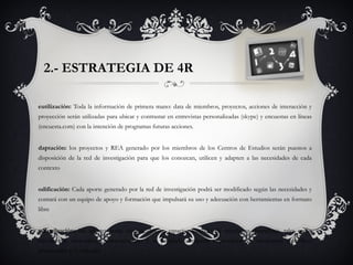 2.- ESTRATEGIA DE 4R
eutilización: Toda la información de primera mano: data de miembros, proyectos, acciones de interacción y
proyección serán utilizadas para ubicar y contrastar en entrevistas personalizadas (skype) y encuestas en líneas
(encuesta.com) con la intención de programas futuras acciones.
daptación: los proyectos y REA generado por los miembros de los Centros de Estudios serán puestos a
disposición de la red de investigación para que los conozcan, utilicen y adapten a las necesidades de cada
contexto
odificación: Cada aporte generado por la red de investigación podrá ser modificado según las necesidades y
contará con un equipo de apoyo y formación que impulsará su uso y adecuación con herramientas en formato
libre
edistribución: los aportes serán compartidos en espacios virtuales de enseñanza-aprendizaje, tales como
repositorios nacionales e internacionales y se pretende compartir experiencias en encuentros científicos
presenciales y/o virtuales
 