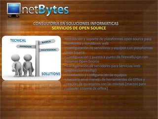 SERVICIOS DE OPEN SOURCE

     •Instalación y soporte de plataformas open source para
     monitoreo y servidores web
     • Configuración de servidores y equipos con plataformas
     Open Source
     • Configuración y puesta a punto de firewalls/vpn con
     sistemas Open Source
     • Configuración de servidores para servicios web
     (paginas/correo/ftp)
     • Instalación y configuración de equipos
     • Asesoría en el manejo de herramientas de Office y
     creación de escenarios con las mismas (macros para
     cualquier sistema de office)
 