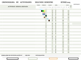CRONOGRAMA DE ACTIVIDADES SEGUNDO SEMESTRE IETISD/2015
RESPONSABLES
ACTIVIDAD / SEMANA ASIGNADA
ENERO FEBRERO MARZO ABRIL JUNIO
SITI
O1 2 3 4 5 6 7 8 9 10 # # # # # # 17 # # 20
E E R S
N X E E
T P T M
R L O A
E O S N
G R A
A A M
U
R M N I
S E U D N
E T E I S
O S A T
T L I
I S R E T
N O A S U
S L C
T A Z D I
I R O E O
T N N
U A R A
C L O L
I B
O G O I
N U T E
A A I T
L R C I
N A S
SEMILLERO DE INVESTIGACIÓN N°____ GRUPO: ________ INTEGRANTES: ________________________________________________________
___________________________________________________________________________________________________________________________
 