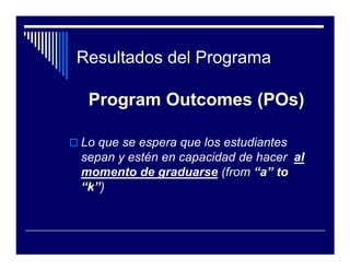 Resultados del Programa

 Program Outcomes (POs)

Lo que se espera que los estudiantes
sepan y estén en capacidad de hacer al
momento de graduarse (from “a” to
“k”)
 