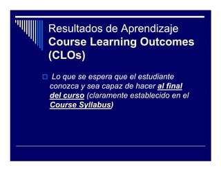 Resultados de Aprendizaje
Course Learning Outcomes
(CLOs)
 Lo que se espera que el estudiante
conozca y sea capaz de hacer al final
del curso (claramente establecido en el
Course Syllabus)
 