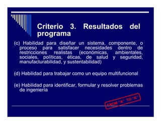 Criterio 3. Resultados del
          programa
(c) Habilidad para diseñar un sistema, componente, o
   proceso para satisfacer necesidades dentro de
   restricciones realistas (económicas, ambientales,
   sociales, políticas, éticas, de salud y seguridad,
   manufacturabilidad, y sustentabilidad)

(d) Habilidad para trabajar como un equipo multifuncional

(e) Habilidad para identificar, formular y resolver problemas
   de ingeniería
 