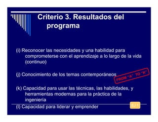 Criterio 3. Resultados del
             programa


(i) Reconocer las necesidades y una habilidad para
     comprometerse con el aprendizaje a lo largo de la vida
     (continuo)

(j) Conocimiento de los temas contemporáneos

(k) Capacidad para usar las técnicas, las habilidades, y
     herramientas modernas para la práctica de la
     ingeniería
(l) Capacidad para liderar y emprender                 EJ 1
 