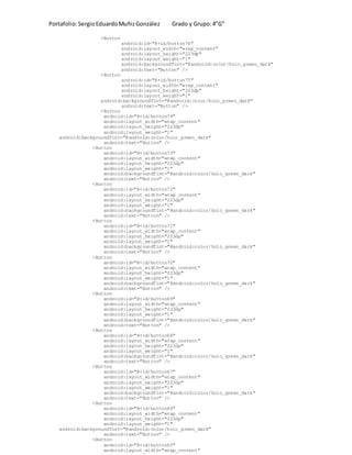 Portafolio:SergioEduardoMuñizGonzález Grado y Grupo:4”G”
<Button
android:id="@+id/button76"
android:layout_width="wrap_content"
android:layout_height="223dp"
android:layout_weight="1"
android:backgroundTint="@android:color/holo_green_dark"
android:text="Button" />
<Button
android:id="@+id/button75"
android:layout_width="wrap_content"
android:layout_height="223dp"
android:layout_weight="1"
android:backgroundTint="@android:color/holo_green_dark"
android:text="Button" />
<Button
android:id="@+id/button74"
android:layout_width="wrap_content"
android:layout_height="223dp"
android:layout_weight="1"
android:backgroundTint="@android:color/holo_green_dark"
android:text="Button" />
<Button
android:id="@+id/button73"
android:layout_width="wrap_content"
android:layout_height="223dp"
android:layout_weight="1"
android:backgroundTint="@android:color/holo_green_dark"
android:text="Button" />
<Button
android:id="@+id/button72"
android:layout_width="wrap_content"
android:layout_height="223dp"
android:layout_weight="1"
android:backgroundTint="@android:color/holo_green_dark"
android:text="Button" />
<Button
android:id="@+id/button71"
android:layout_width="wrap_content"
android:layout_height="223dp"
android:layout_weight="1"
android:backgroundTint="@android:color/holo_green_dark"
android:text="Button" />
<Button
android:id="@+id/button70"
android:layout_width="wrap_content"
android:layout_height="223dp"
android:layout_weight="1"
android:backgroundTint="@android:color/holo_green_dark"
android:text="Button" />
<Button
android:id="@+id/button69"
android:layout_width="wrap_content"
android:layout_height="223dp"
android:layout_weight="1"
android:backgroundTint="@android:color/holo_green_dark"
android:text="Button" />
<Button
android:id="@+id/button68"
android:layout_width="wrap_content"
android:layout_height="223dp"
android:layout_weight="1"
android:backgroundTint="@android:color/holo_green_dark"
android:text="Button" />
<Button
android:id="@+id/button67"
android:layout_width="wrap_content"
android:layout_height="223dp"
android:layout_weight="1"
android:backgroundTint="@android:color/holo_green_dark"
android:text="Button" />
<Button
android:id="@+id/button66"
android:layout_width="wrap_content"
android:layout_height="223dp"
android:layout_weight="1"
android:backgroundTint="@android:color/holo_green_dark"
android:text="Button" />
<Button
android:id="@+id/button65"
android:layout_width="wrap_content"
 