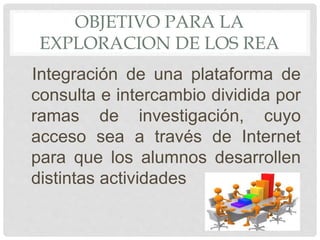 OBJETIVO PARA LA 
EXPLORACION DE LOS REA 
Integración de una plataforma de 
consulta e intercambio dividida por 
ramas de investigación, cuyo 
acceso sea a través de Internet 
para que los alumnos desarrollen 
distintas actividades 
 
